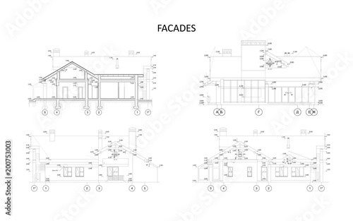 Set of detailed private house facade elements with measurements, architecture, vector 
