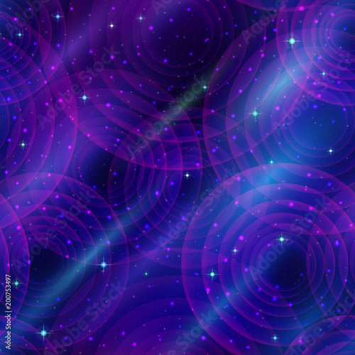 Abstract Landscape, Space Seamless Background with Cosmic Rays, Stars and Rings, Tile Pattern for Your Design. Eps10, Contains Transparencies. Vector