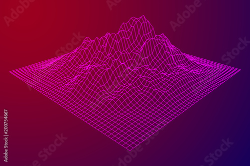 Wireframe landscape vector background. Cyberspace grid technology illustration