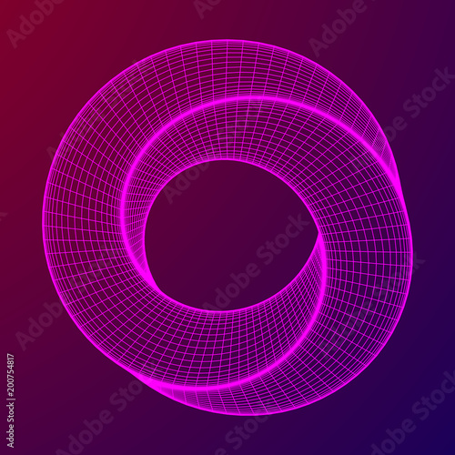 Mobius strip ring sacred geometry. Spatial figure with upturned surfaces. Optical illusion with dual circular contour. Wireframe low poly mesh vector illustration.