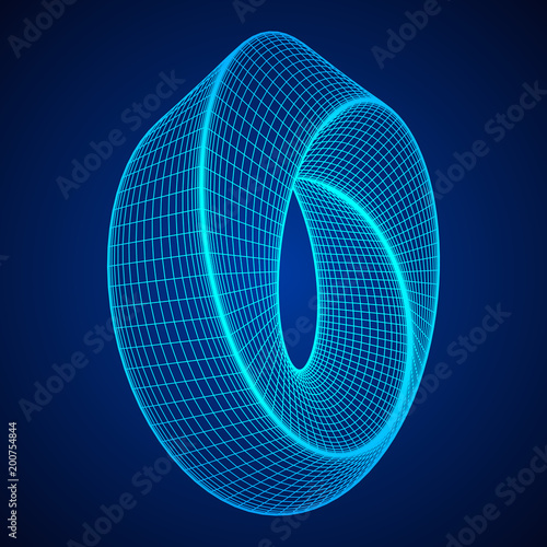 Mobius strip ring sacred geometry. Spatial figure with upturned surfaces. Optical illusion with dual circular contour. Wireframe low poly mesh vector illustration.