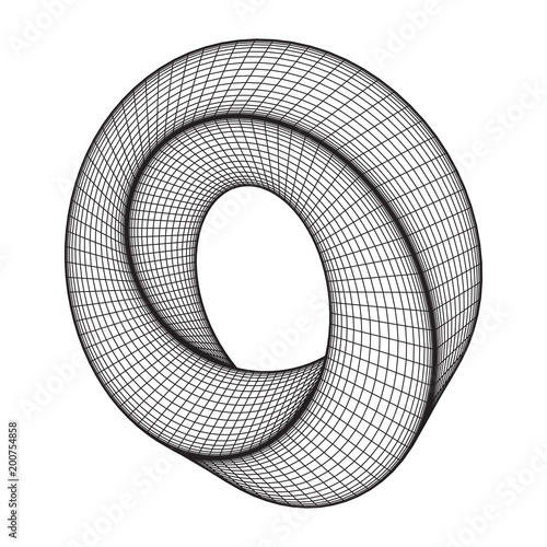 Mobius strip ring sacred geometry. Spatial figure with upturned surfaces. Optical illusion with dual circular contour. Wireframe low poly mesh vector illustration.