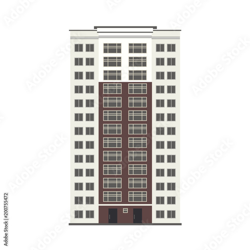 City multistorey building exterior front view with windows, balconies and doors in flat style isolated on white background. Modern high-rise apartment or office building. Vector illustration