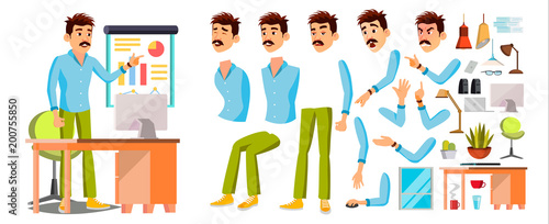 Business Man Worker Character Vector. Working Male. Office Worker. Animation Set. Clerk, Salesman, Designer. Face Emotions, Expressions. Cartoon Illustration