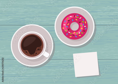 Illustration of top view table with cup of coffee, donut and blank note for text
