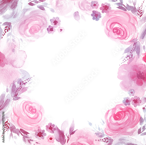 Spring flowers. Pink flowers on white background. Romantic roses frame. Greeting card for Mother's Day, wedding, birthday, Easter, Valentine's Day. Pastel colors.