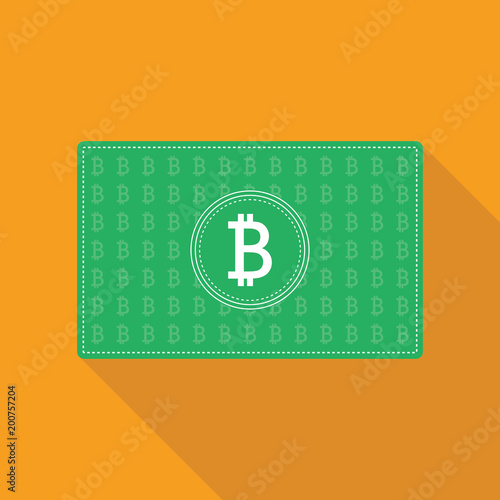 Bitcoin icon on banknote frame. Flat design of cryptocurrency, virtual currency. Bitcoin badge with pattern.