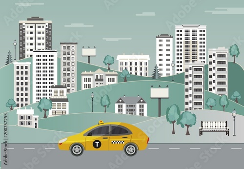 Fototapeta Naklejka Na Ścianę i Meble -  City landscape with riding yellow taxi vehicle on road on cityscape background with skyscrapers, trees and bench in park and sky with clouds. Flat colorful town skyline . Vector illustration.