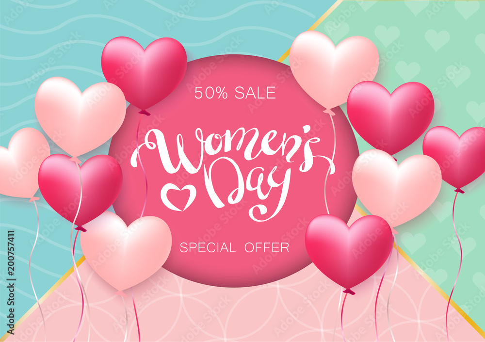 Women's Day and 8 March design for greeting card. Banners or web. 3D paper and baloons style. Heart hanging on a thread, inscription: Happy womens Day, pink background. Vector illustration. EPS 10.