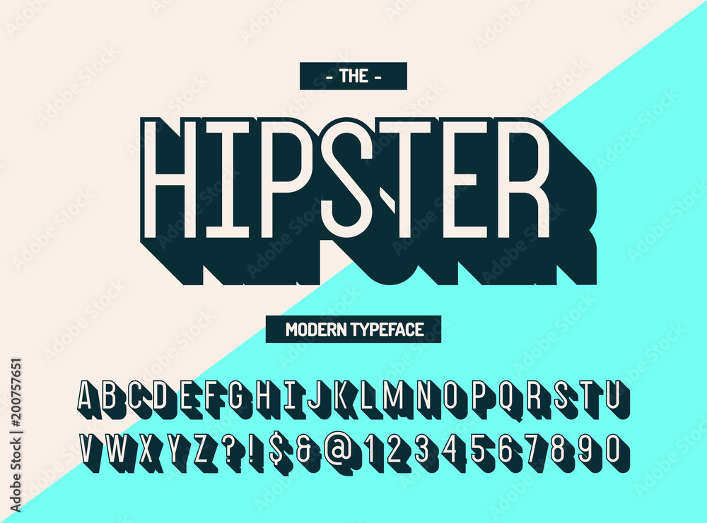 Hipster modern typeface 3d style. Cool font. Alphabet trend typography for party poster, t shirt, promotion, label, special offer. Vector Illustration 10 eps - obrazy, fototapety, plakaty 