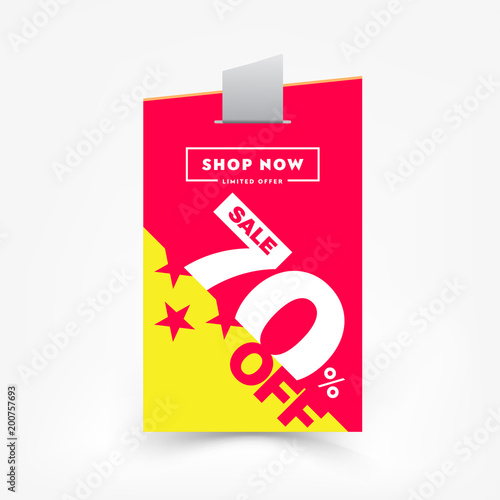 70% OFF Sale Discount Sticker. Sale Special Offer Price Tag Isolated Vector Illustration. Discount Sale Newsletter Design Template. Vector Trendy Banner Promo Special Offer Campaign.