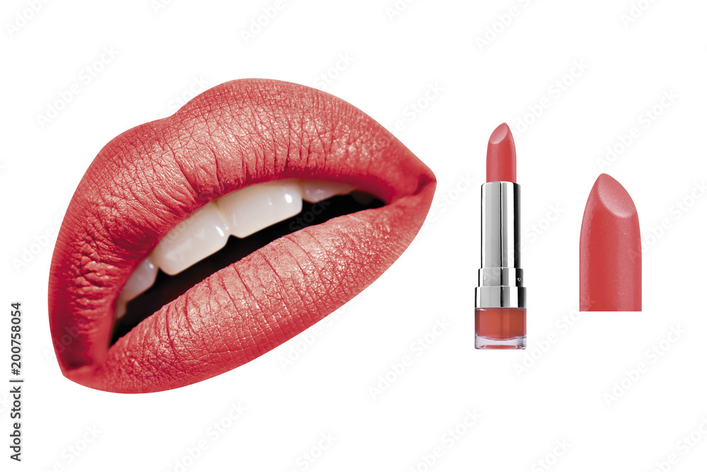 Obraz premium Red glossy satin lipstick and high resolution woman lips, isolated on white background, clipping path included