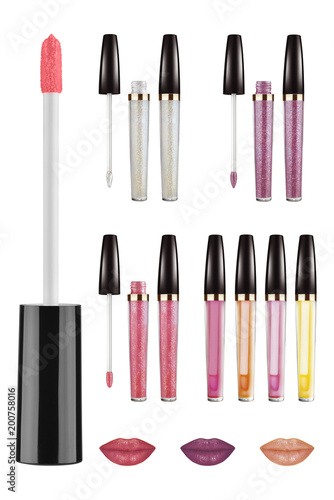 Different types of lip gloss products with glitter and sparkling particles, isolated on white background, clipping paths included