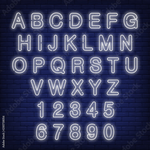 English alphabet and numbers. Neon sign with white letters. Vector illustration in neon style for night bright advertisement.