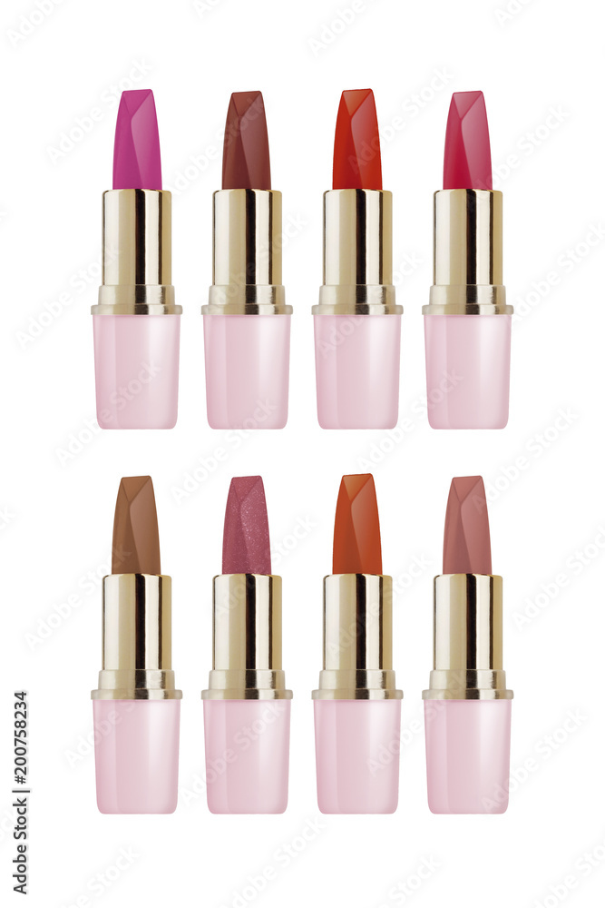 Elegant lipstick in pink and golden container, isolated on white background, clipping paths included Elegant lipstick in pink and golden container, isolated on white background, clipping paths included
