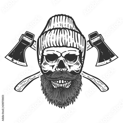 Lumberjack skull with crossed axes. Design element for emblem, sign, poster, t shirt.