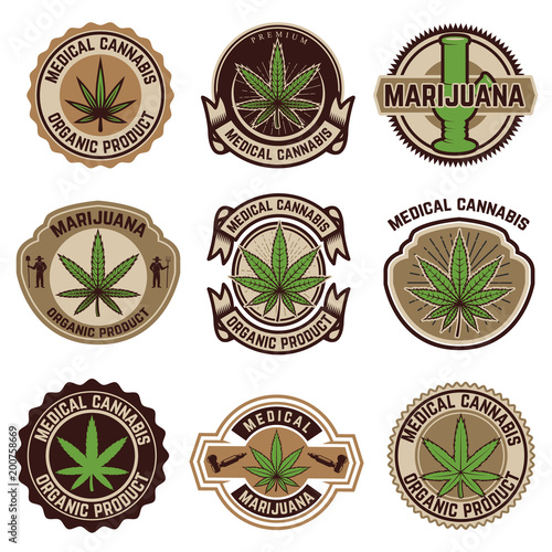 Set of vintage emblems with medical marijuana. Cannabis leaves. Design element for logo, label, emblem, sign, poster, t shirt.