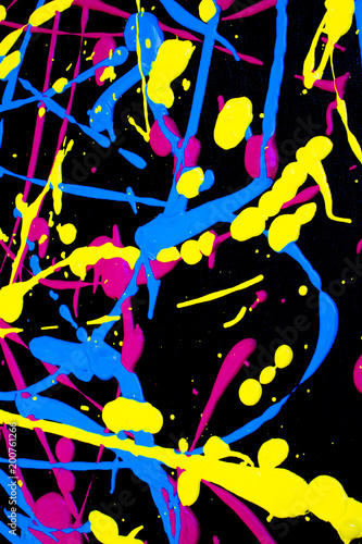 Paint Splats and Spots Neon Colours on Black Background Abstract Fun for Background