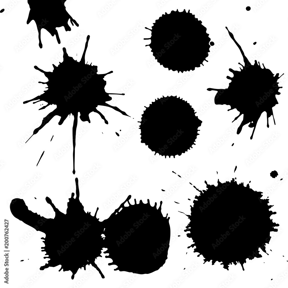 Black ink paint spots. Drops texture isolated on white background. Set for grunge splash textures. Vector illustration. Black ink paint spots. Drops texture isolated on white background. Set for grunge splash textures. Vector illustration.