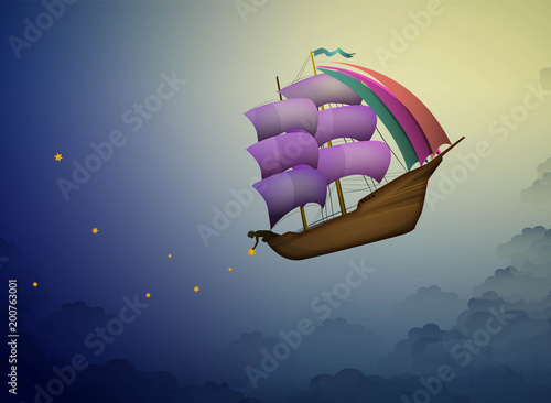 ship in the evening sky in clouds, fairy boy putting stars on the night sky, fairy dreamland sailor on the heavens,
