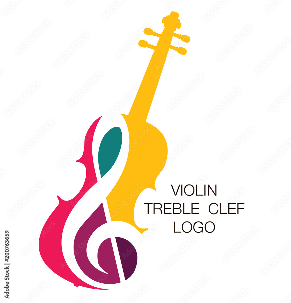 Fototapeta premium Musical logo. Silhouette of a violin and a treble clef. Bright juicy colors. The concept of classical music.