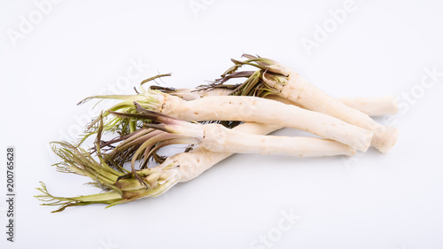 Fotografia Roots of fresh peeled horseradish on white background, healthy foods