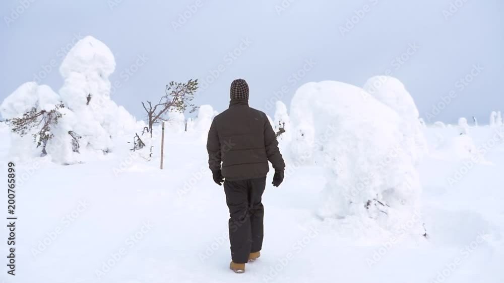 Man walking in snowy forest, Pov walking view bypassing snow covered ...