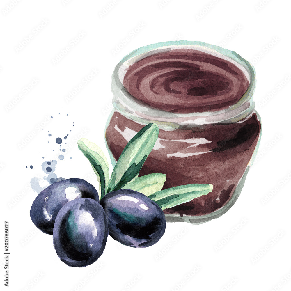 Tapenade Olive paste, isolated on white background. Watercolor hand drawn illustration 素材庫插圖