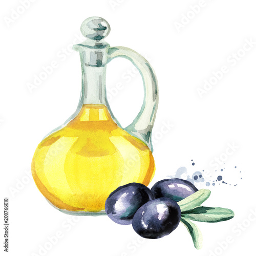 Glass bottle with olive oil. Watercolor hand drawn illustration, isolated on white background