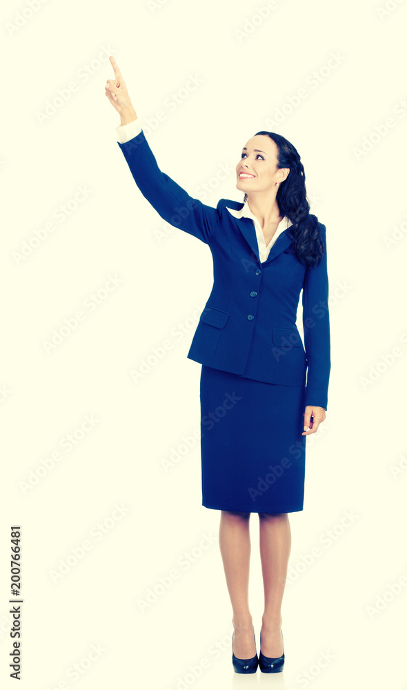Young businesswoman showing something, on white Young businesswoman showing something, on white