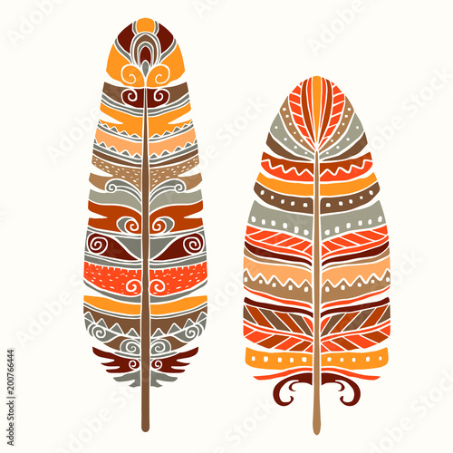 Hand drawn colorful bird feathers