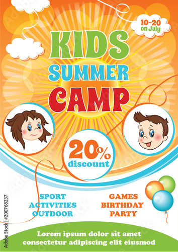 Summer Kid Camp Flyer, vector cartoon background, summer fest template, kid party invitation