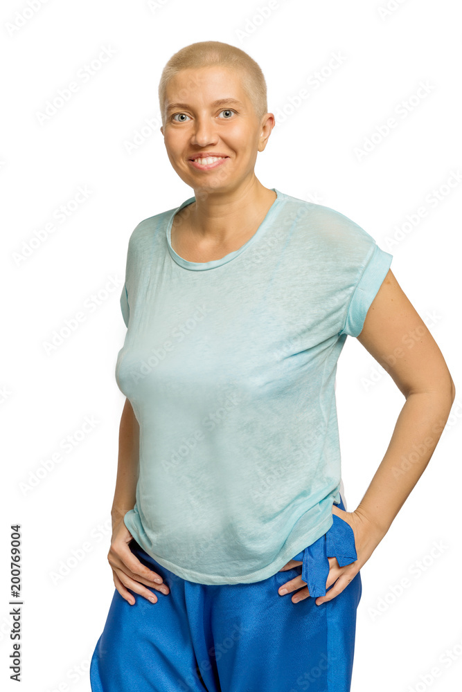 Cute bald woman standing, laughing, isolated on white background Cute bald woman standing, laughing, isolated on white background
