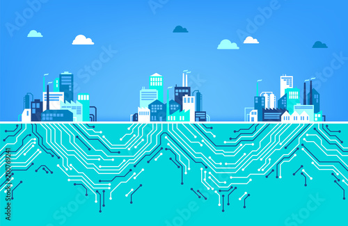 Digitalization concept / IOT / digital transformation: three factories, connected by digital circuits