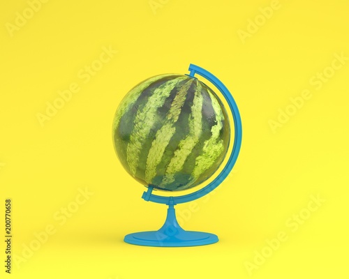 Watermelon global idea concept on yellow color pastel background. minimal idea concept. An idea creative to produce work within an advertising marketing communications. Business concepts