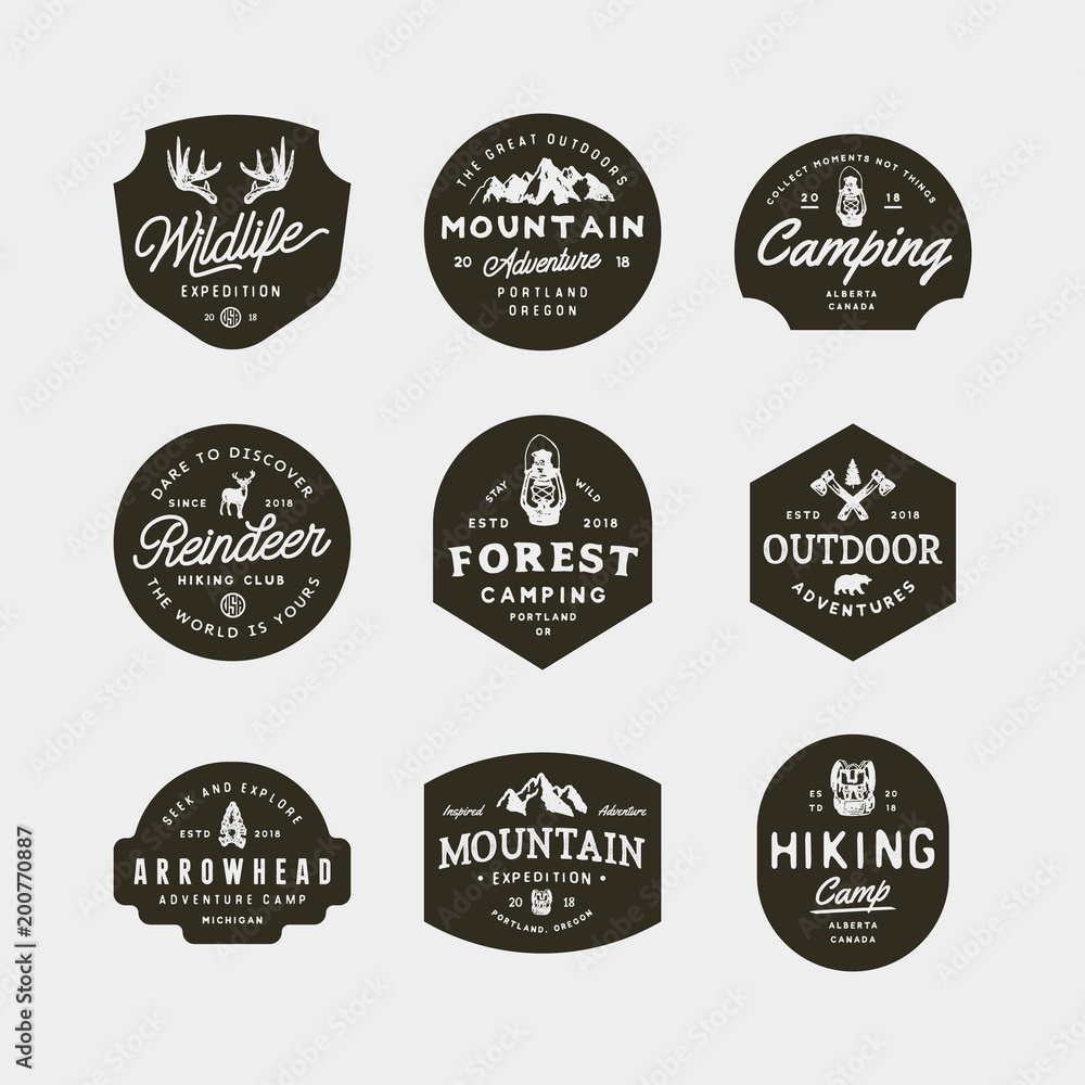 Obraz premium set of vintage wilderness logos. hand drawn retro styled outdoor adventure emblems. vector illustration