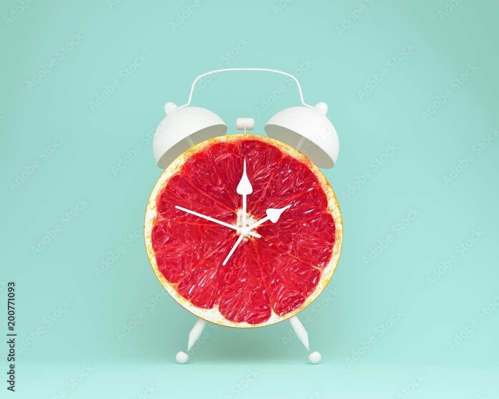 Creative idea layout fresh grapefruit slice alarm clock on pastel blue background. minimal idea business concept. fruit idea creative to produce work within an advertising marketing communications - obrazy, fototapety, plakaty 