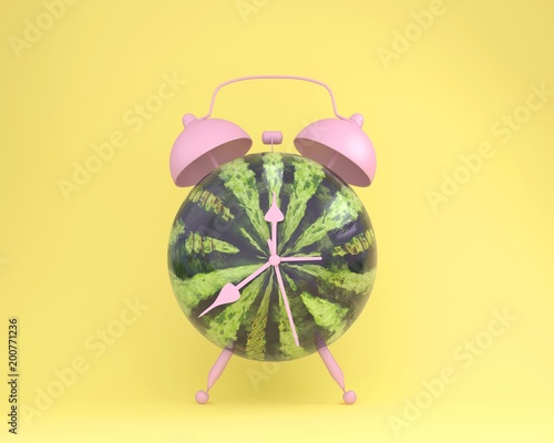 Creative idea layout fresh watermelon alarm clock on pastel yellow background. minimal idea business concept. fruit idea creative to produce work within an advertising marketing communications