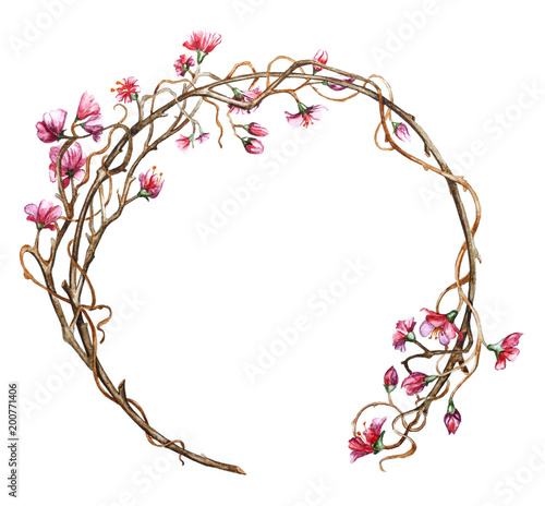 Wreath of flowers and branches. Painted in watercolor, isolated on white.