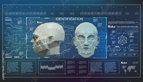 Concept of face scanning accurate facial recognition biometric technology. 3D Low Poly Face Scanning, virtual reality