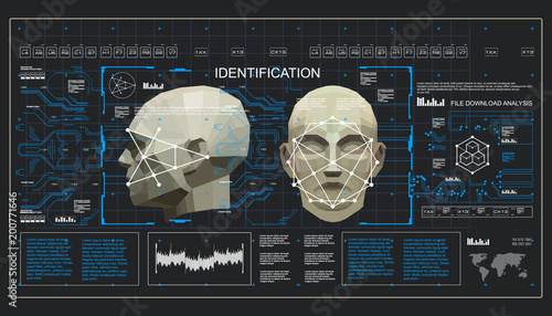 Concept of face scanning accurate facial recognition biometric technology. 3D Low Poly Face Scanning, virtual reality photo