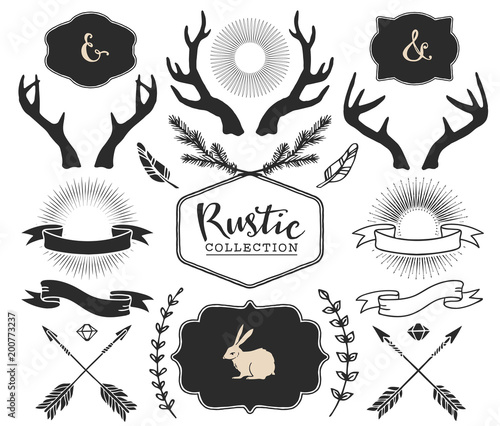 Hand drawn antlers, bursts, arrows, ribbons and frames with lettering. Rustic decorative vector design set. Vintage ink illustration.
