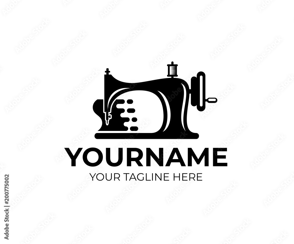 Sewing machine and fast tailoring clothes, logo template. Tailor shop, tailoring craft and textile production, vector design. Fashion and clothes, illustration Sewing machine and fast tailoring clothes, logo template. Tailor shop, tailoring craft and textile production, vector design. Fashion and clothes, illustration