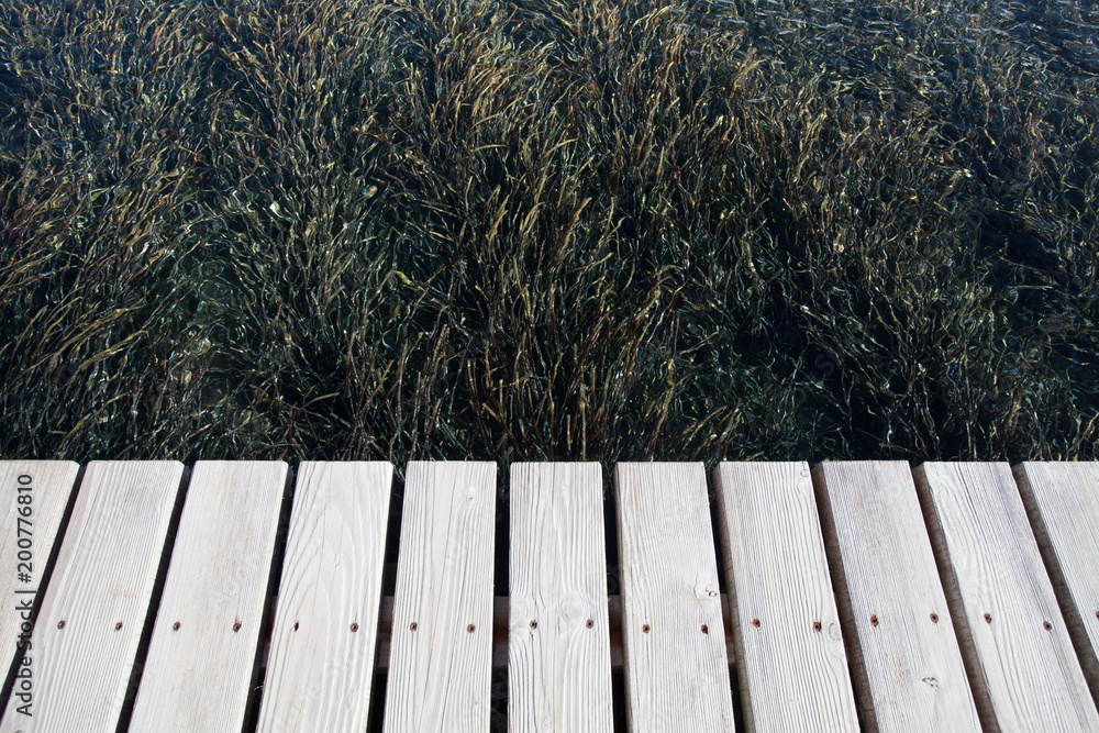 empty wooden jetty at sea edge angled view