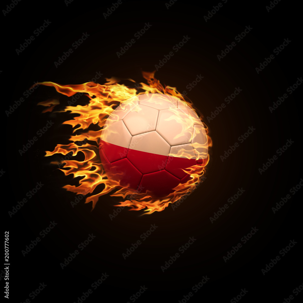 Fototapeta premium A soccer ball with the flag of Poland burning with fire flies on a black background