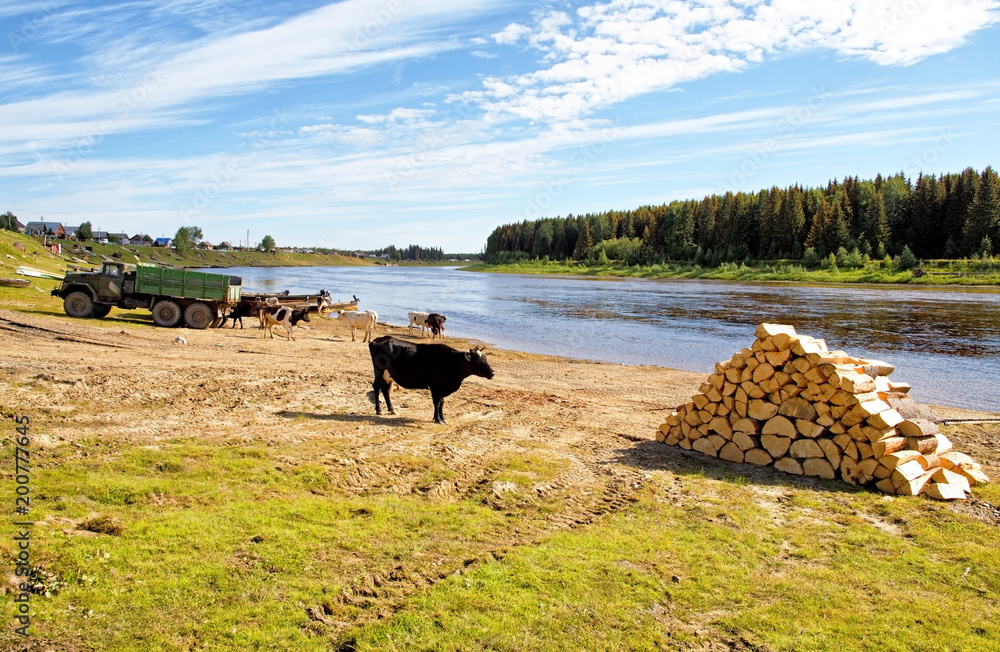 Russia, the circumpolar Urals. The village of Mansi peoples on the banks of the river