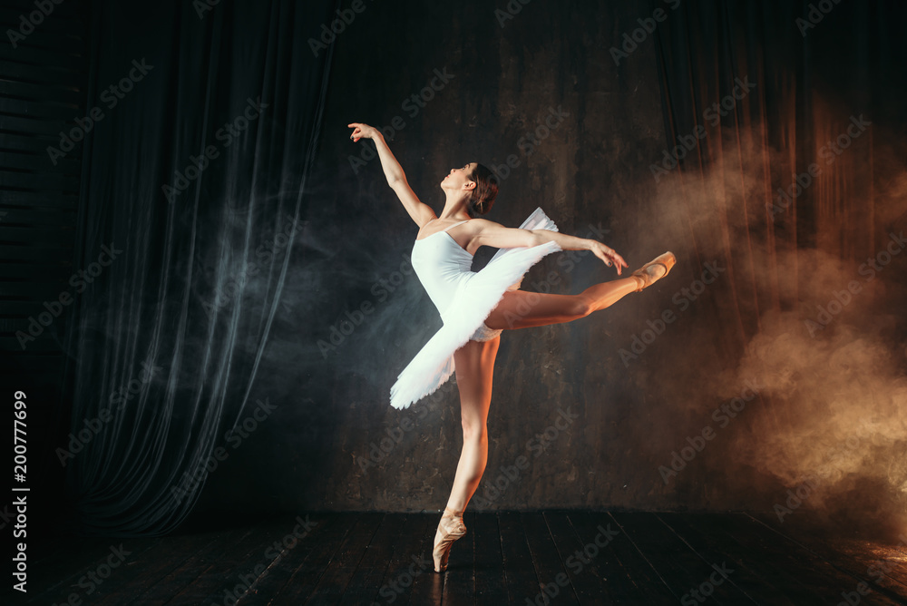 Obraz premium Balerina w białej sukni tańczy w klasie baletu