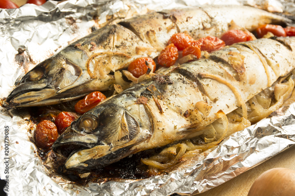 Grilled mackerel fish and vegetables 