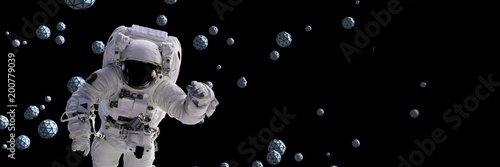 astronaut flying between abstract geometric objects with black background 