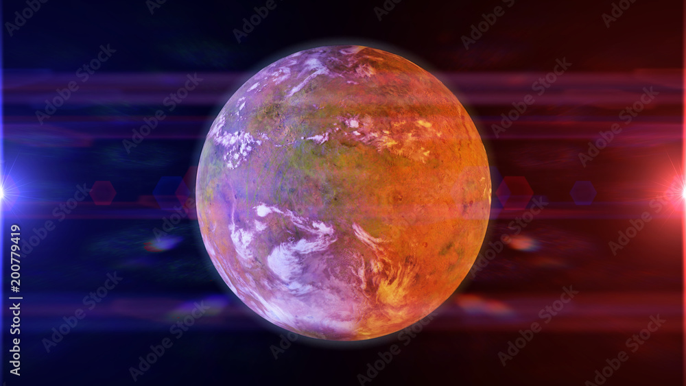 Naklejka premium beautiful exoplanet, part of an alien binary star system with a red and blue star (3d space rendering)